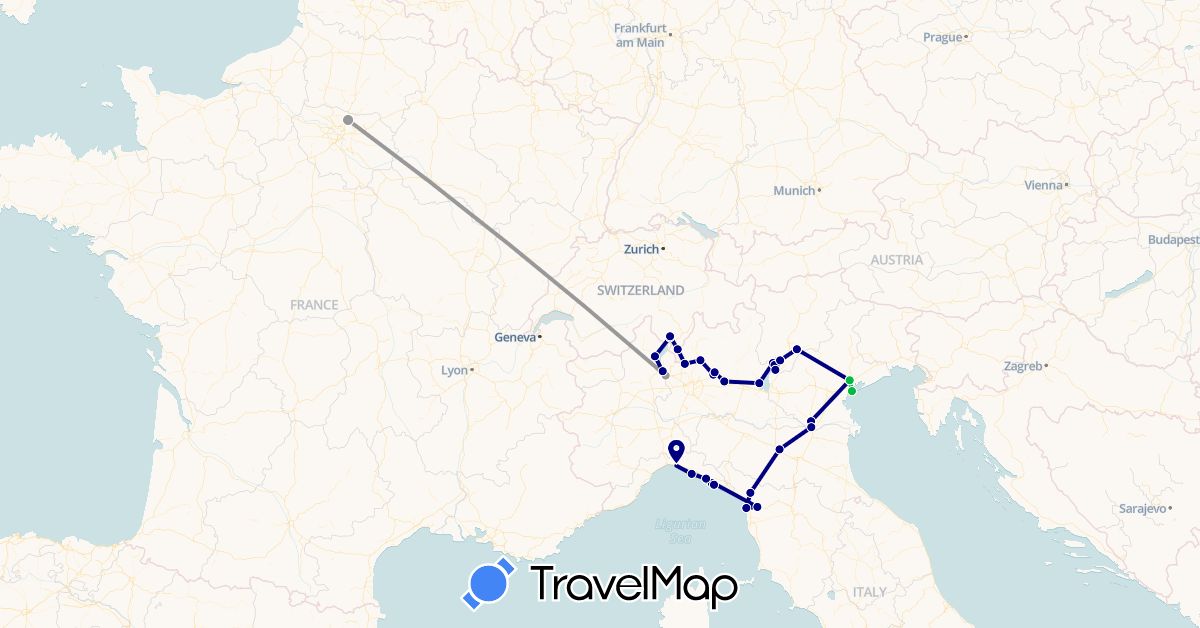 TravelMap itinerary: driving, bus, plane in Switzerland, France, Italy (Europe)